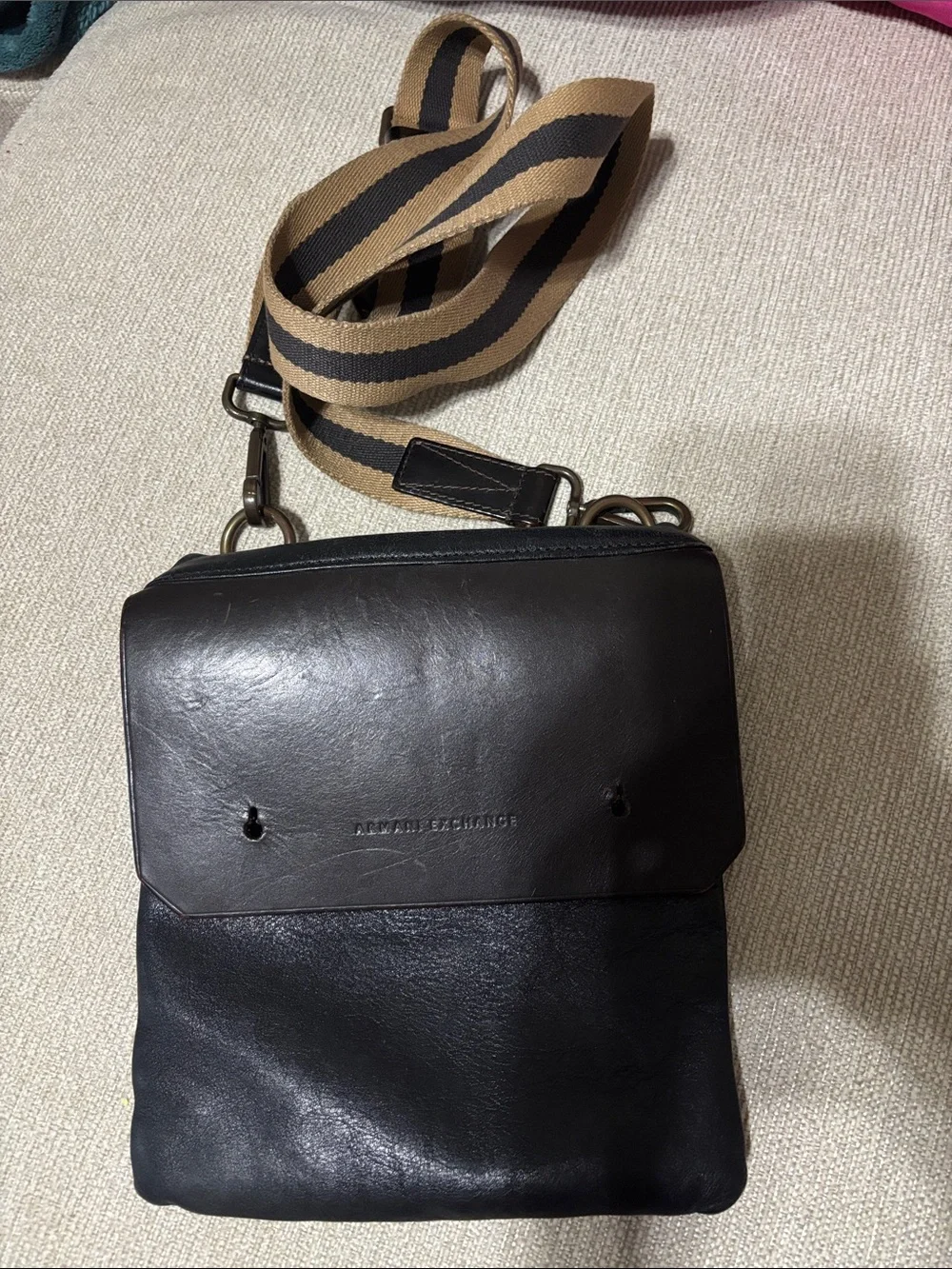 Armani Exchange Black Leather Messenger Bag with Tan & Black Striped Strap